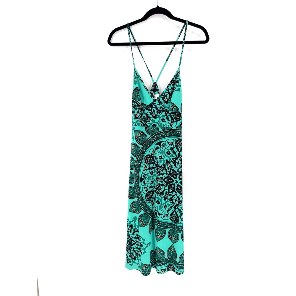 Nieves Lavi Y2K Teal Green Silk Medallion Paisley Boho Midi Cocktail Dress, 8